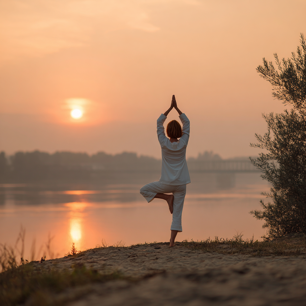 Žena praktizujúca jogu pri východe slnka